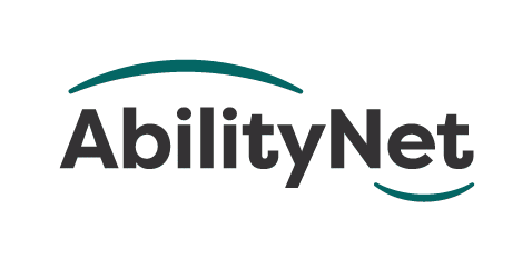 Ability Net logo. Simple black logo with green curve around word.