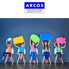Arcos logo 5 children wave speech bubbles in the air