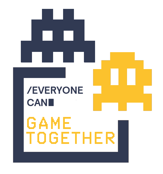 Everyone can game together logo. 2 packman figures in retro digital style.
