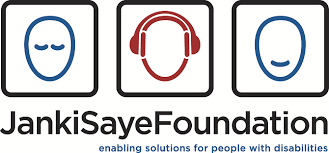 Janki Saye Foundation logo. 3 face icons left has eyes, middle has headphones, right has mouth