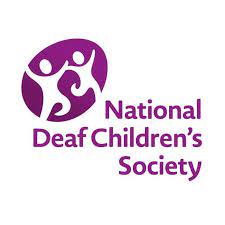National deaf children's society logo. Pink logo with 2 children hand in hand